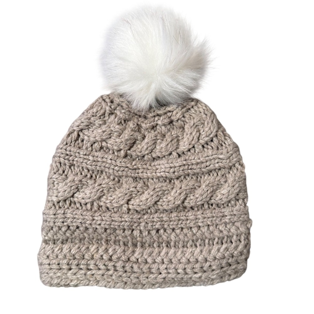 L.L.Bean Cable Knit Pom Beanie Hat One Size Unisex Adult Taupe Faux Fur 505452